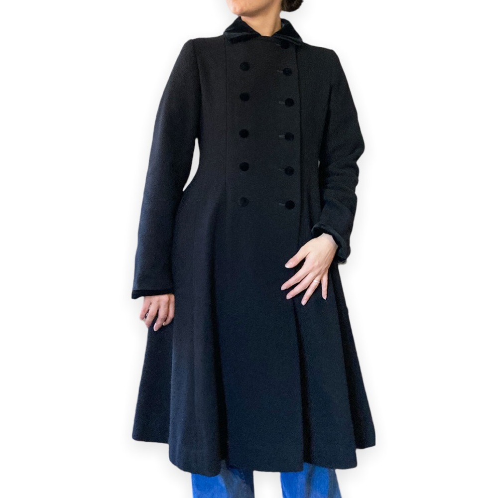 Vintage 90s Trench Swing Coat, Wool Shell, Double Breasted with Velvet Collar